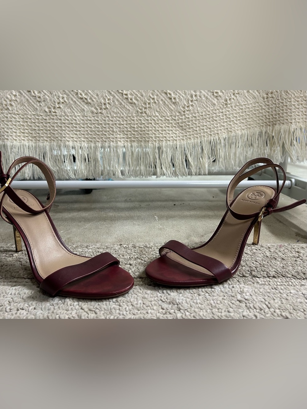 Tory Burch Burgundy Ankle-Strap Stiletto Sandals - Picture 2 of 5